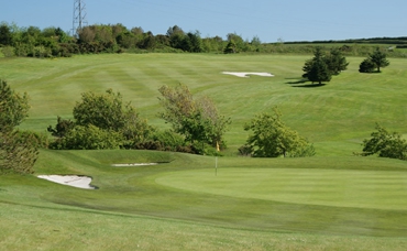 Manicured green with surrounding bunkers