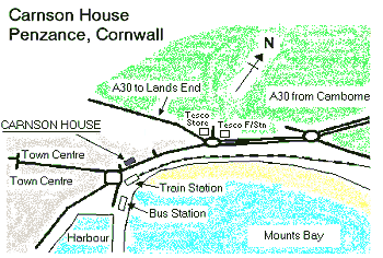 Map locating Carnson House in Penzance, Cornwall. Direct access from A30 and opposite train and bus stations