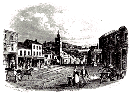 Engraving depicting Fore Street, Redruth, 1858